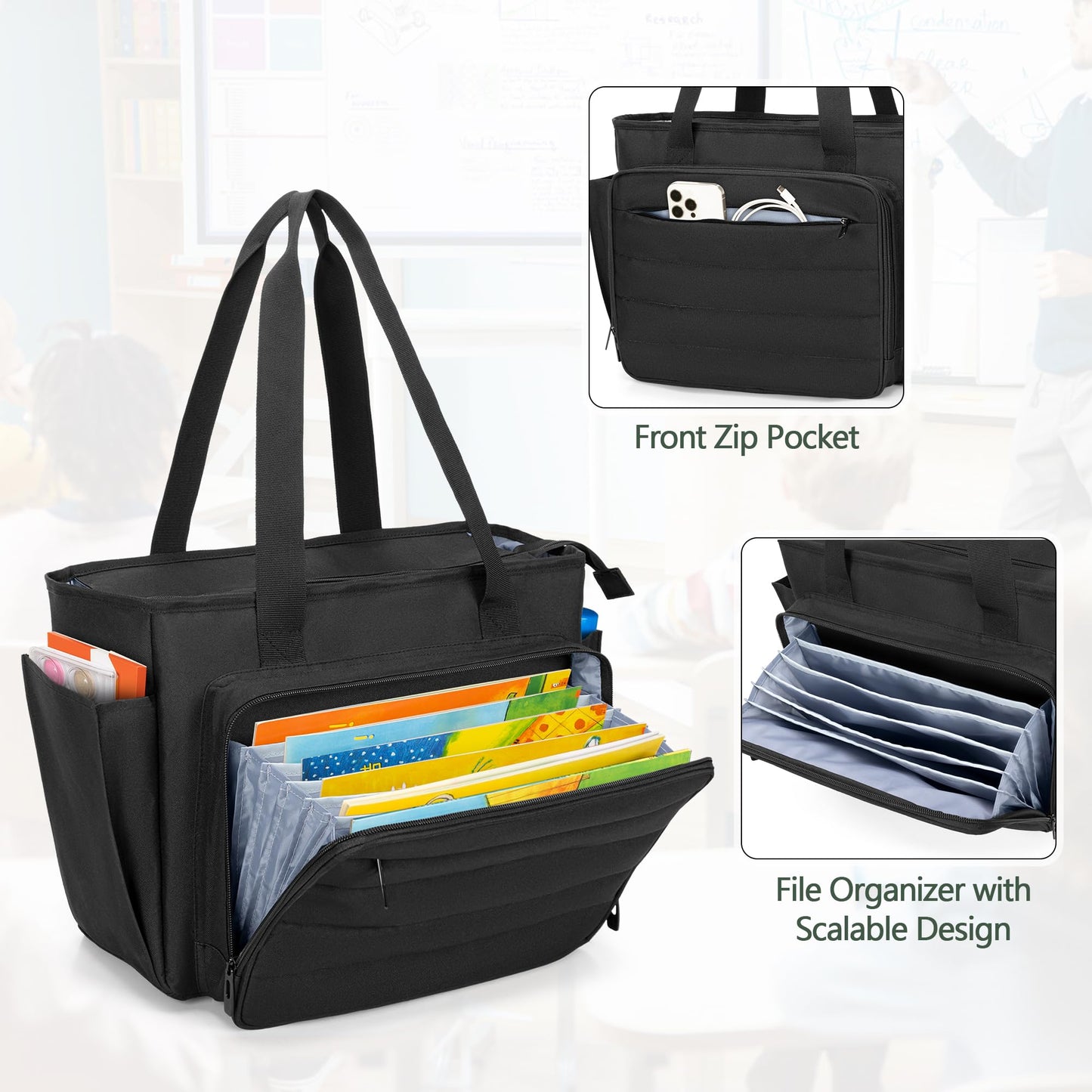 CURMIO Large Teacher Tote Bag for Women, Portable Teacher Bag with Accordion Organizer Compartment and Padded Laptop Sleeve for School Supplies, Ideal Gifts for Teachers, Black (Patent Pending)
