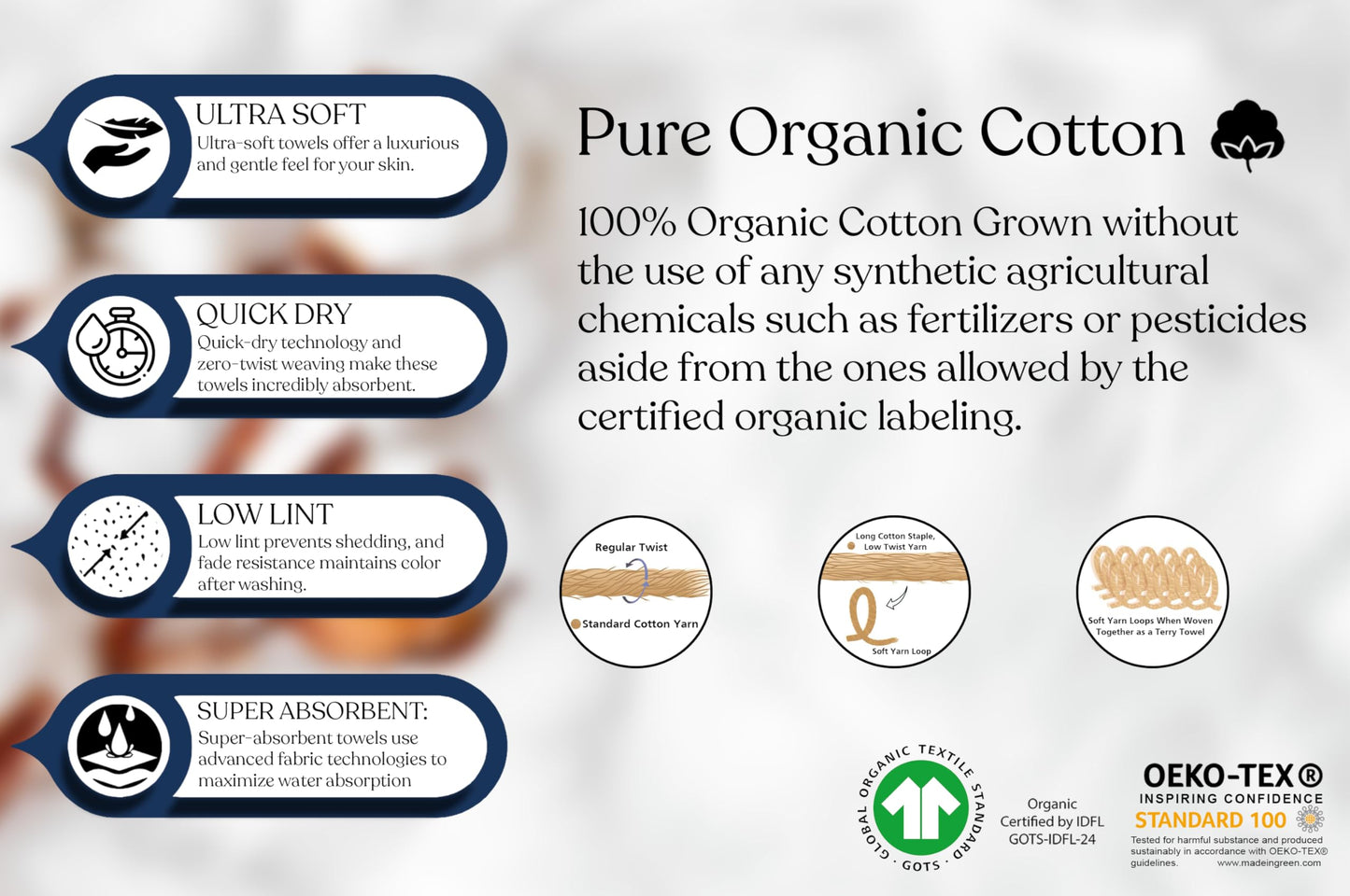 A1 Home Collections 100% Organic Cotton Towels 650 GSM Plush Quick Dry GOTS Certified, Oeko-Tex Green Certified (Hand Towel Pack of 4)