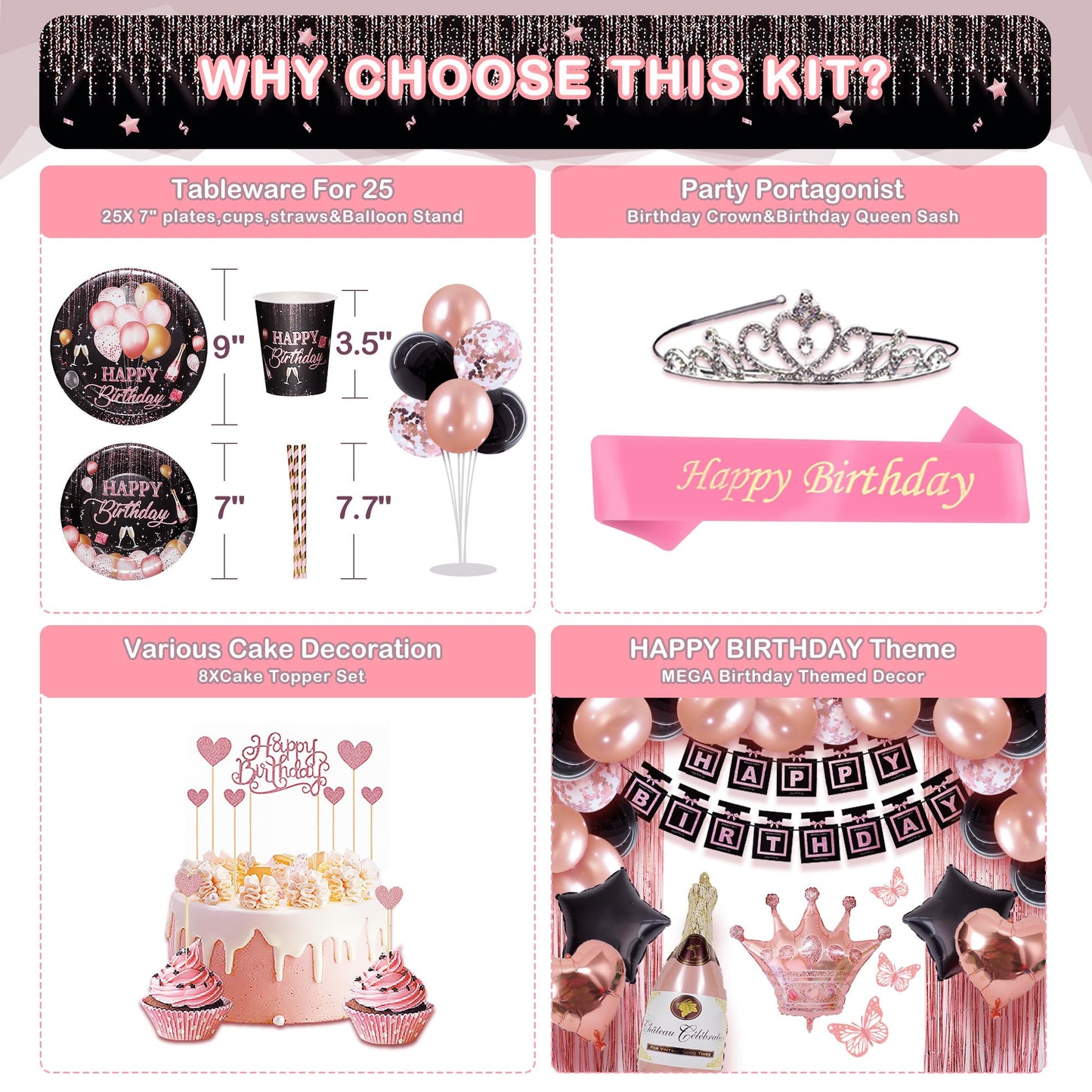 210 Pcs Birthday Party Decorations for Woman Girl, Rose Gold Party Decorations, Happy Birthday Decorations - Balloon Stand Kit, Banner, Tassel Curtain,Crown,Tableware Kit For 12 Guests