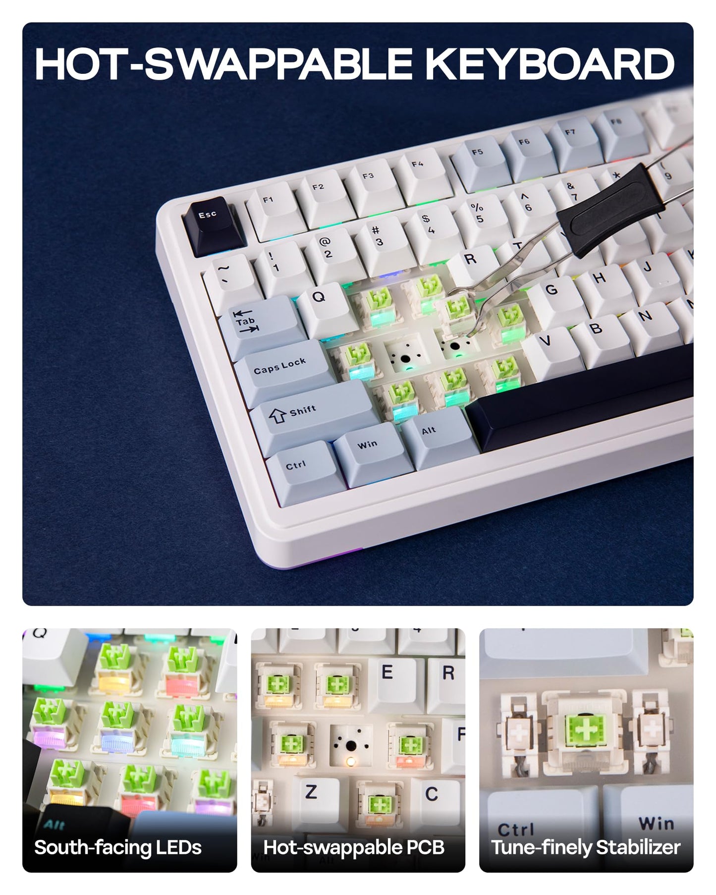 EPOMAKER EA75 75% RGB Gaming Mechanical Keyboard, 2.4GHz/Type-C/BT Creamy Wireless Keyboard with Knob, Shine Through PBT Keycaps, Hot Swappable for Gamers (Light Blue, Reaper Switch)