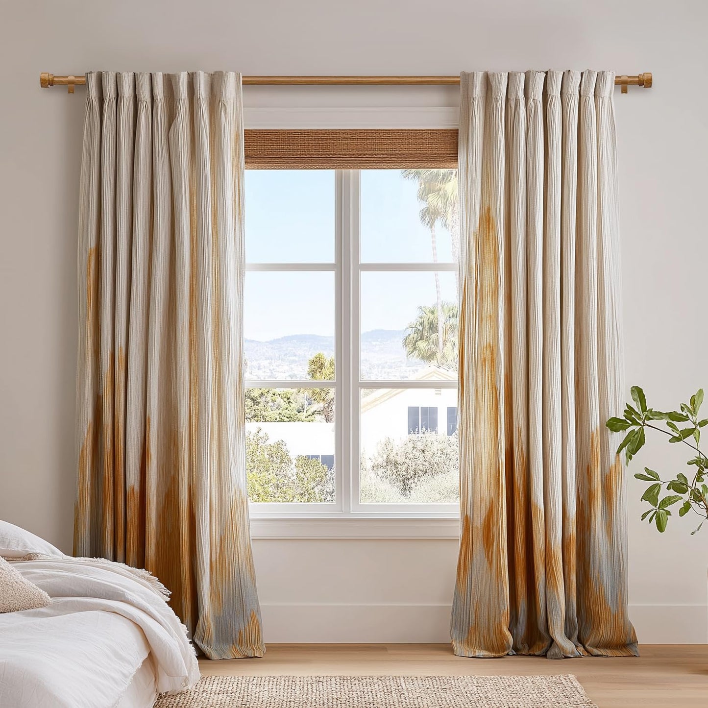 Lootkell Wood Curtain Rods for Windows 48 to 84 Inches 1" Diameter Boho Decorative Heavy Duty Long Window Curtain Rod Adjustable with Handmade Wood Grain Design for Living Room Bedroom Kitchen