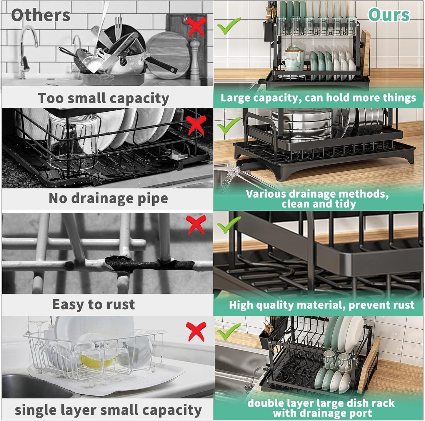 Dish Drying Rack for Kitchen Counter, Stainless Steel Sink Organization and Storage Essentials with Cutlery Holder, Large 2Tier Dish Rack with Drainer Board, Multi-Use Utensil Organizer and Cup Holder