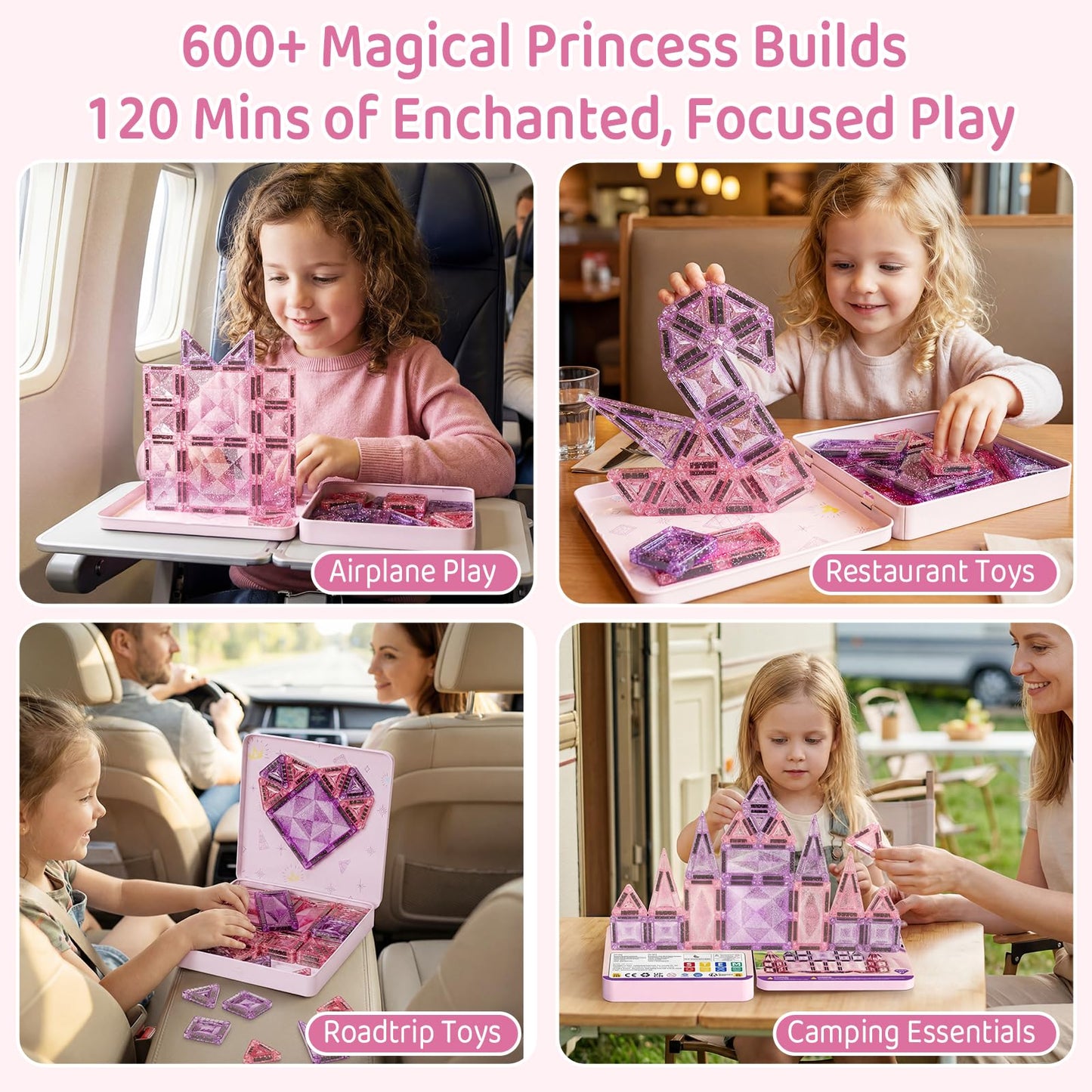 Magnetic Tiles Girls Travel Toy: 42 PCS Pink Glitter Building Blocks Castle Tin Box - 120 Mins Quiet Play 60s Cleanup - Toddler Kids Gift Age 3 4 5 6