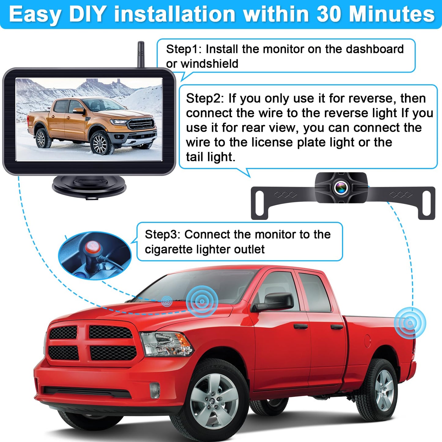 7-Inch Wireless Backup Camera for Truck - 2 Channel, DIY Grid Lines, HD 1080P, Night Vision, IP69K Waterproof, Easy Installation for Trucks, Pickup, Trailer, Cars - Parking Safety & Towing Assistance