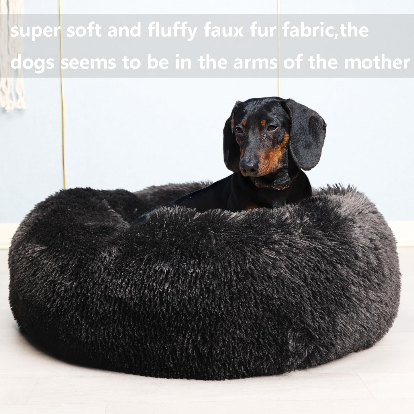 Black Dog Beds for Medium Dogs Washable Calming Bed for Dogs 28 Inches Black Calm and Anti Anxiety Faux Fur Round Medium Sized Pet Bed