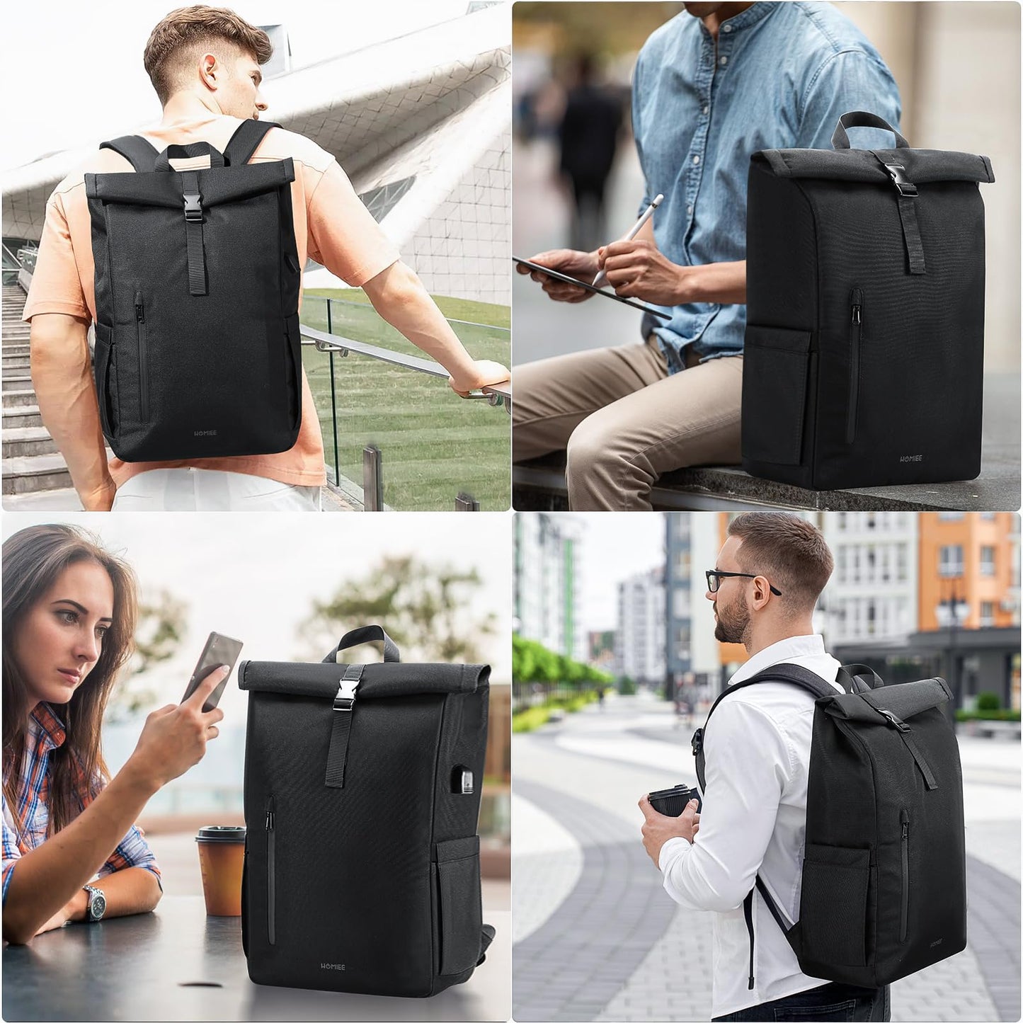 HOMIEE Rolltop Laptop Backpack for 17.3 Inch, Lightweight 24L-30L Expandable Waterproof Anti-theft Backpacks with USB Port Computer Daypack School Bag for Work Travel Men Women