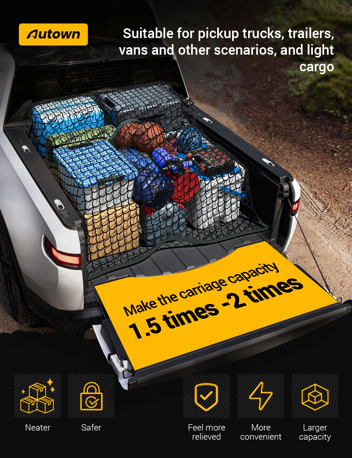Cargo Net for Pickup Truck Bed - Stretchable 4'x4' to 7'x7', High Elastic Fine Mesh 1''x1'' with 8 Metal Carabiners - Ideal for ATV, SUV, UTV, Truck and Boat Use (Double Layer)