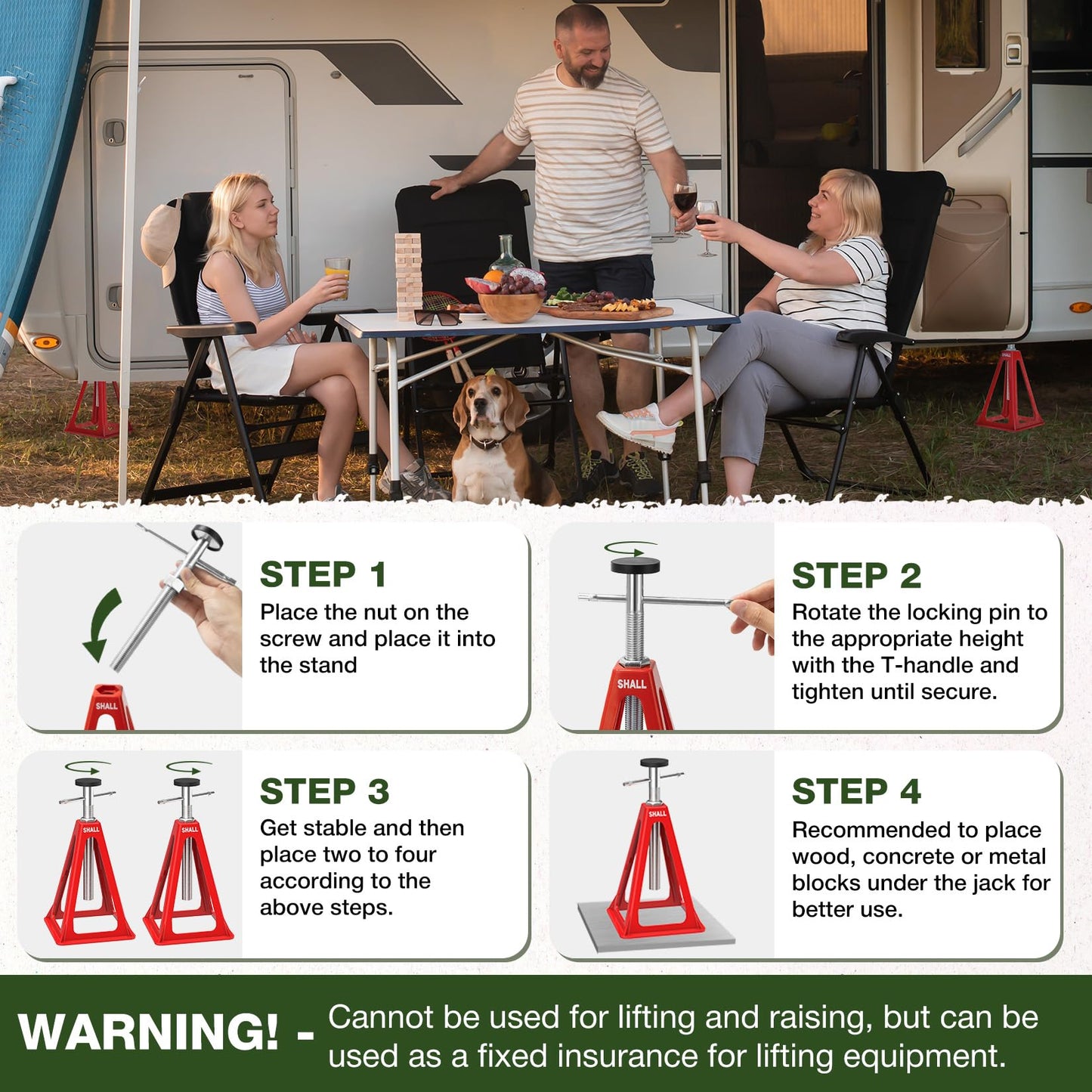 SHALL RV Stabilizer Jacks, 4-Pack Heavy Duty Aluminum Jack Stands for Travel Trailer Camper, Single Support up to 7500 Lbs, RV Leveling Screw Jack with Spare Nuts & Pads, Adjustable from 11" to 17"