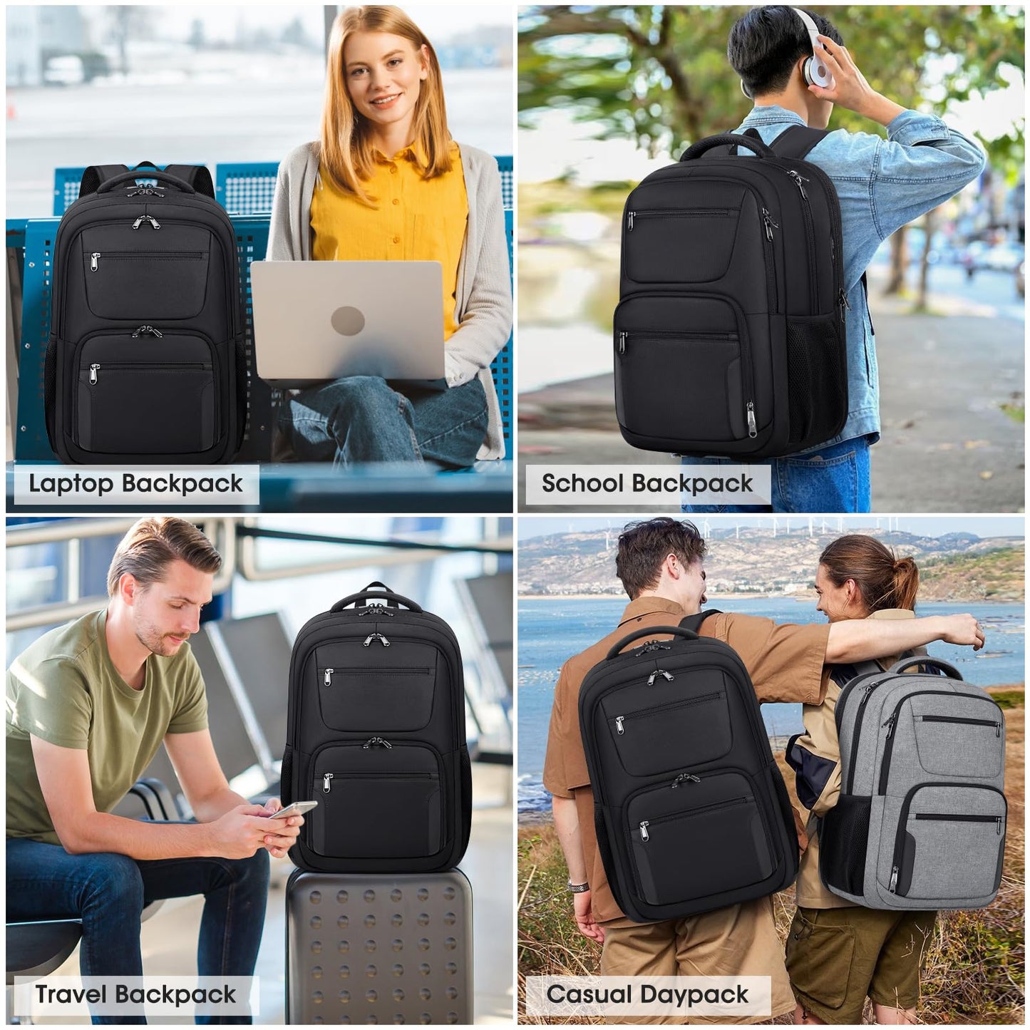 Travel Laptop Backpack, 17.3 Inch Extra Large Laptop Backpack with USB Charging Port 45L Travel Backpack for Men Women Water Resistant Computer Backpack for College School Work Business, Blcak