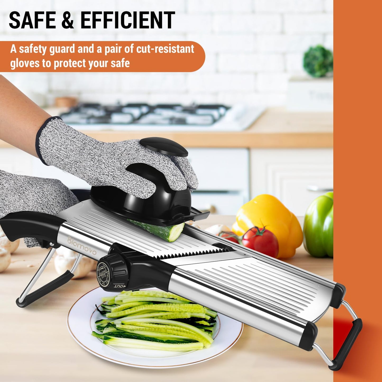 Blamovo Mandoline Slicer for Kitchen, Mandolin Vegetable Slicer Julienne with Knob Control, Adjustable Thickness (Safety Gloves Included)