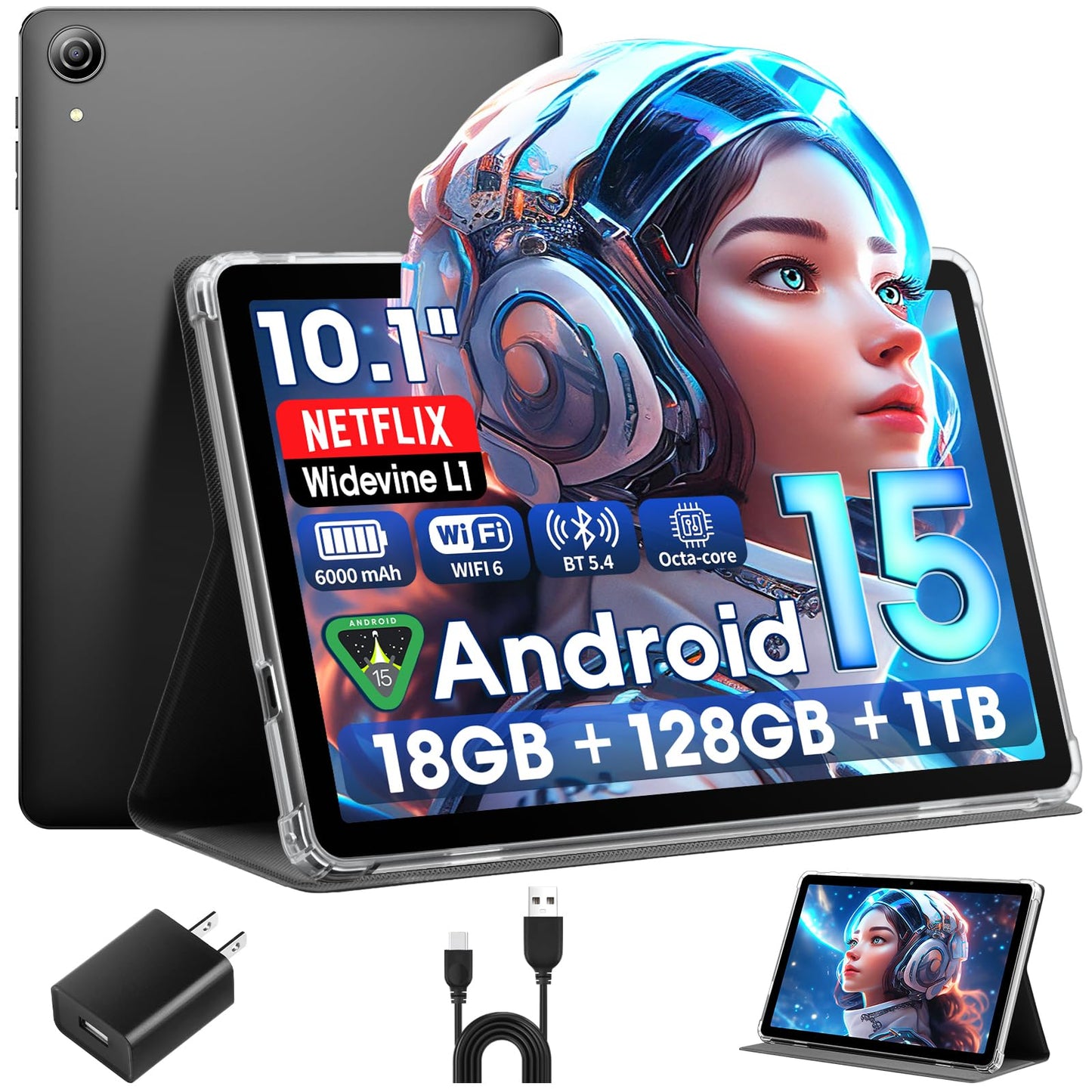 Android 15 Tablet 10 Inch, 18GB RAM 128GB ROM, 1280 x 800 IPS HD Widevine L1, Octa-Core, 1TB Expandable, WiFi 6, BT5.4, Dual Camera 5MP+8MP,6000mAh, GPS, Dual Speakers