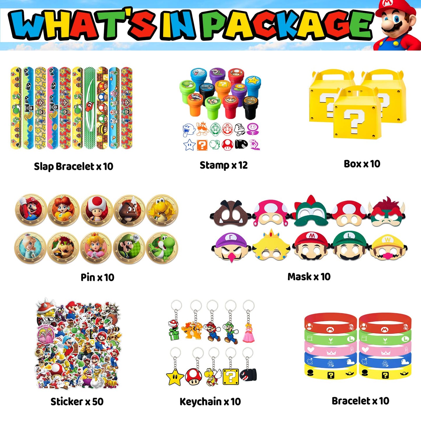122 Pcs Birthday Party Favors Include 10 Boxes,20 Wristbands, 10Masks,10 Keychains, 12 Stamps,10 Pattern decorations and 50 Stickers for Kids, Best Gift Bag Filler for Themed Party