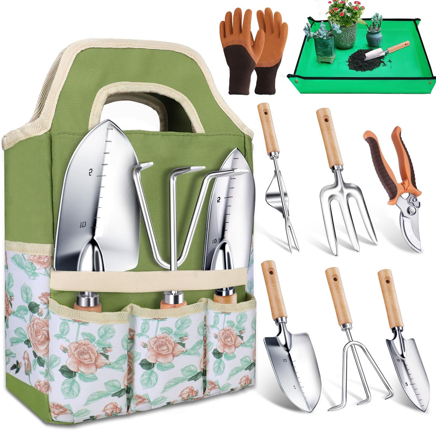 Kynup Gardening Tools, Garden Tools Set-9 Piece, Gardening Tool Kit with Cultivators, Ideal Garden Hand Tool Gifts for Women, Thickened Stainless Steel, Rust-Proof, Gardening Supplies, Garden Stuff