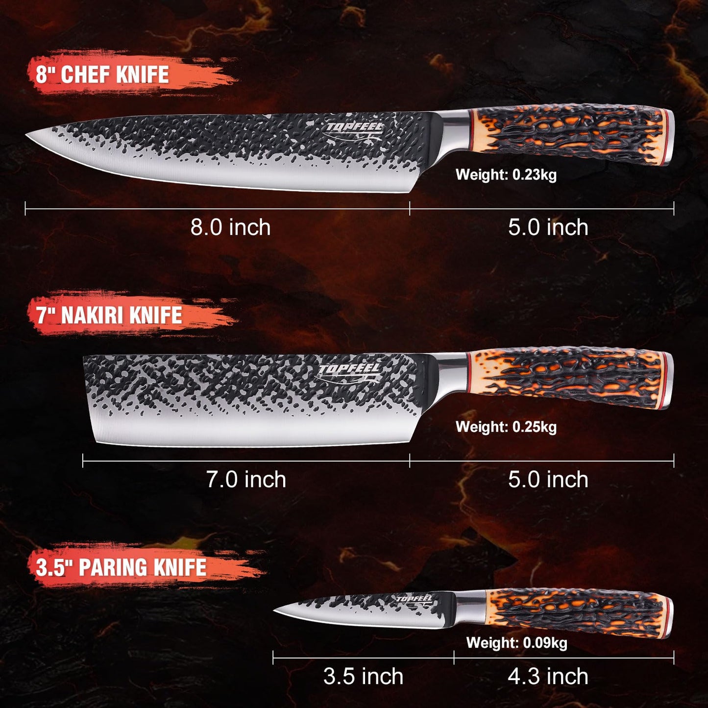 Topfeel Kitchen Knife Set, 3 PCS Japanese Chef Knife Set, Hand Forged High Carbon Stainless Steel Knives Sets，Ultra Sharp Professional Chef Knives Sets with Unique Antler-Like Handle
