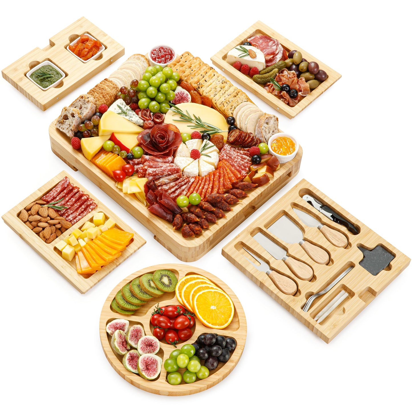 Charcuterie Boards Premium Gift Set - 23 Pieces, Bamboo - Large Cheese Board Plus Fruit Tray w/Utensil Drawer, Knives, Forks for Mother's Day Present, Birthday, Housewarming, Wedding Shower Gifts