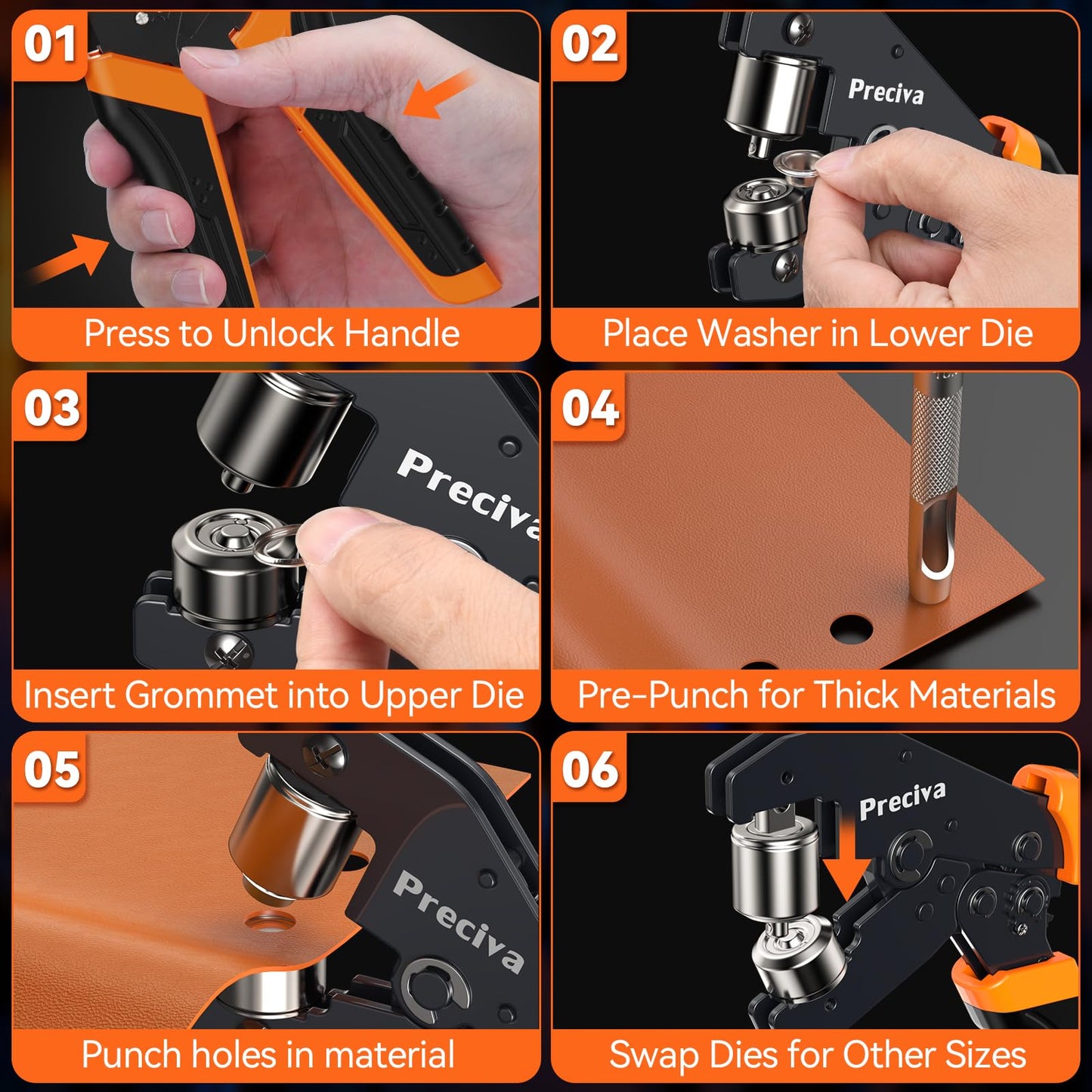 Preciva 3-Size Grommet Tool Kit - 6mm 10mm 12mm Hole Punch & Eyelet Setting Tool with 300Pcs Grommets | Handheld Eyelet Plier for Tarps, Tents, Canvas, Vinyl & Leather Crafting