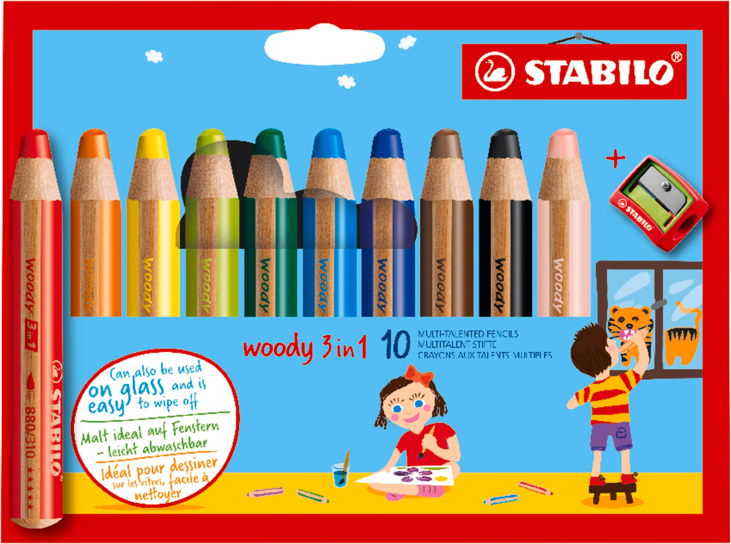 STABILO Multi-Talented Pencil woody 3 in 1 - Pack of 10 - Assorted Colors with Sharpener