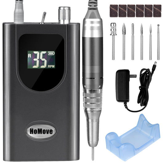 Professional Nail Drill Machine, HoMove 35000RPM Portable Nail Drills, Rechargeable Efile Nails Drill, Low Heat Electric Nail File for Acrylic Gel Nails（Grey）