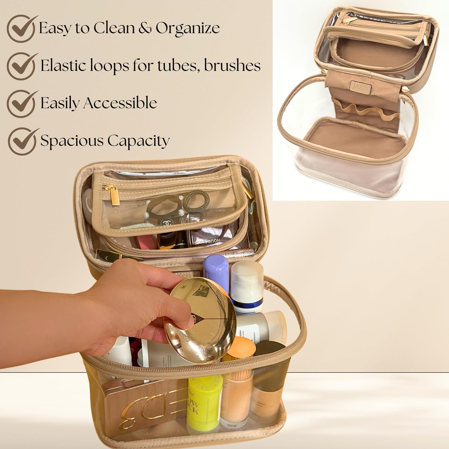 JAZD Clear Makeup Bag Toiletry Bag for Women Cosmetic Large Capacity Travel Make Up Bag Organizer Transparent Train Case TSA Approved, BEIGE, Tranparent Makeup Bag With Top Handle
