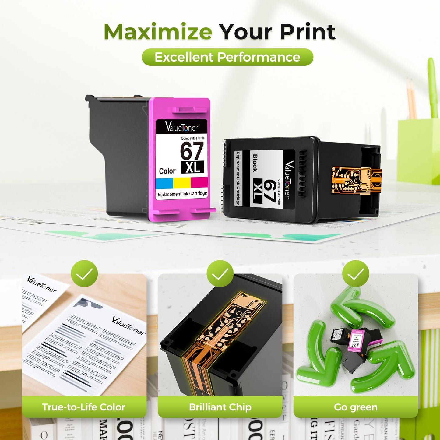 Valuetoner 67 XL Ink Cartridges Replacement for HP 67XL Black and Colour Printer Ink for HP67 XL Ink Cartridges for HP67XL for HP Envy 6455e 6052 6055 6010e 6020e 6030e 6052e Printer (2 Pack)