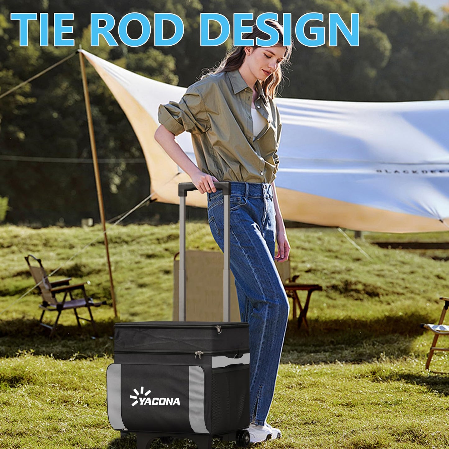 Cooler with Wheels and Handle, 50 Can Rolling Cooler, Portable Collapsible Soft Cooler with Wheels, Leakproof Insulated WheeledCooler for Beach, Camping, Patio Travel, Outdoor, Ball Fields