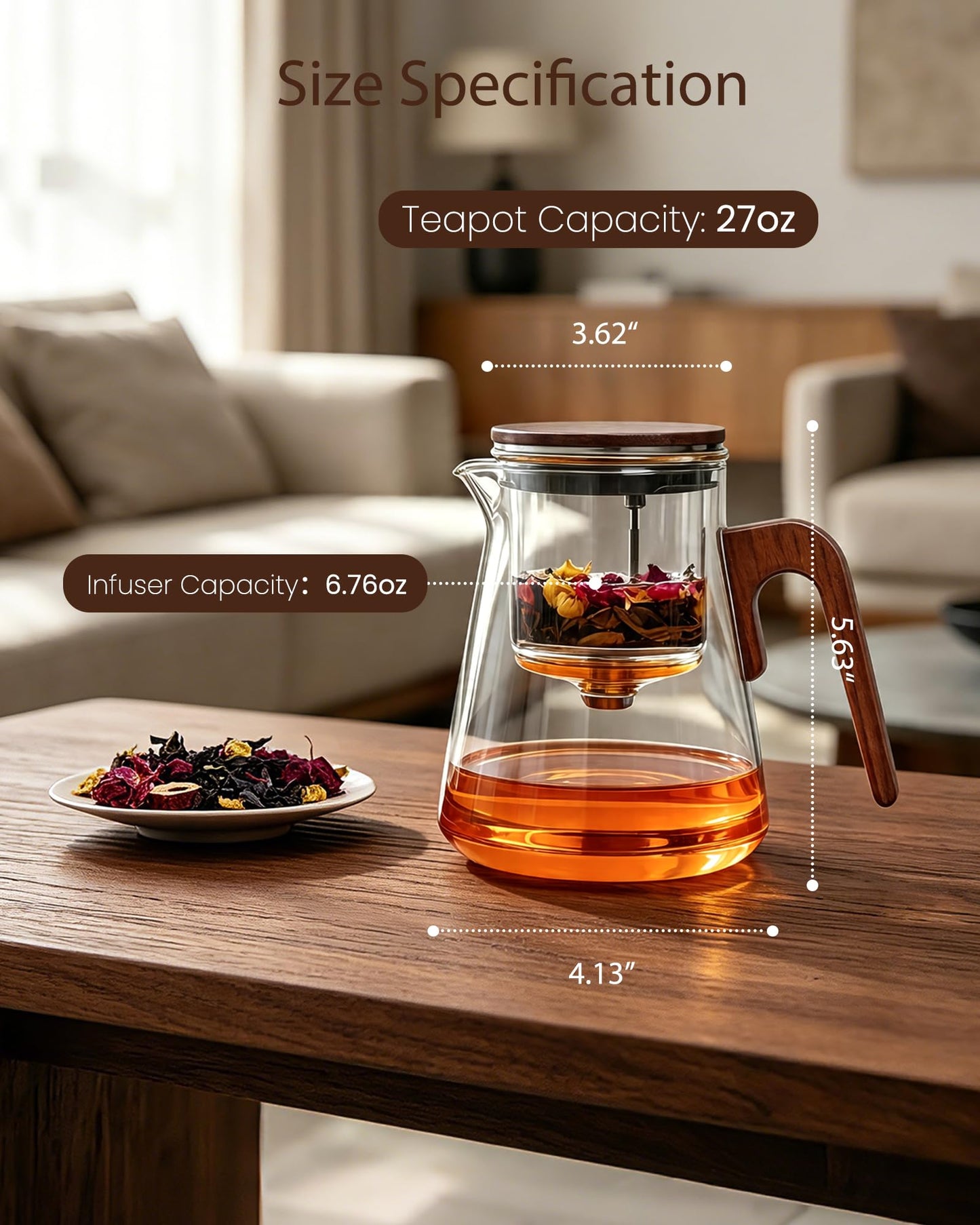 ZENS Magnetic Tea Pot, Enchanted Glass Teapot with Infuser and Magnetic Suction Lid for Mess-Free Loose Tea Diffusers, Walnut Wood Handle, Tea Lovers Gifts