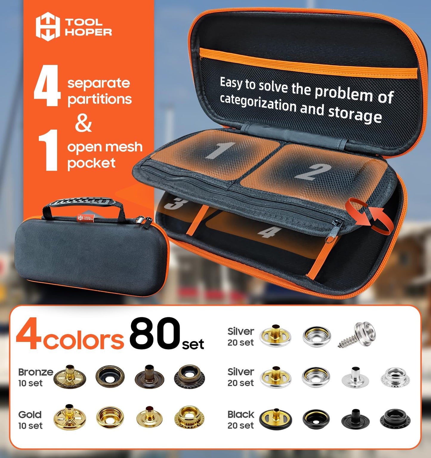 Snap Fastener Tool, Snap Installation Tool Kit, 4 Colors 300 Pcs of Boat Cover Snaps, Button Snap Kit with 15mm Canvas Snaps for Fabric, Tarps, Canvas, Leather