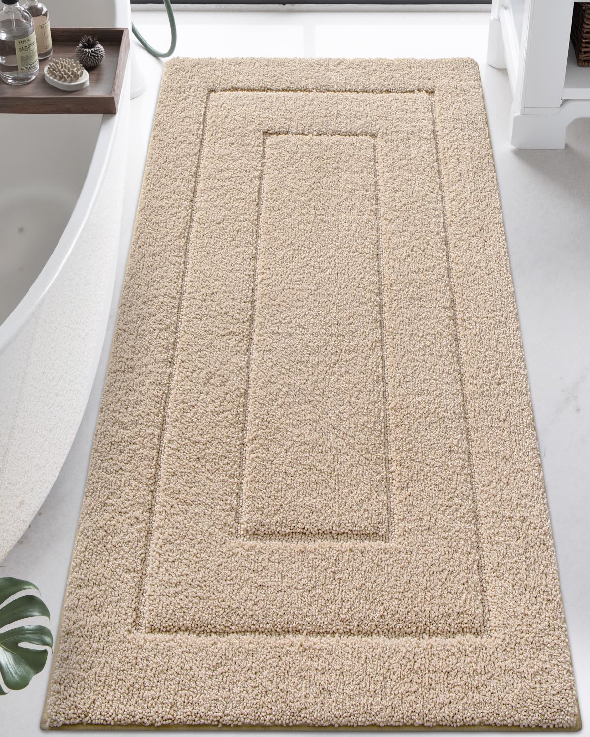 DEXI Bath Mat Non Slip, 24x60 Absorbent Microfiber Soft Bathroom Rug, Machine Washable Carpet for Shower Floor Bathmat Decor, Beige