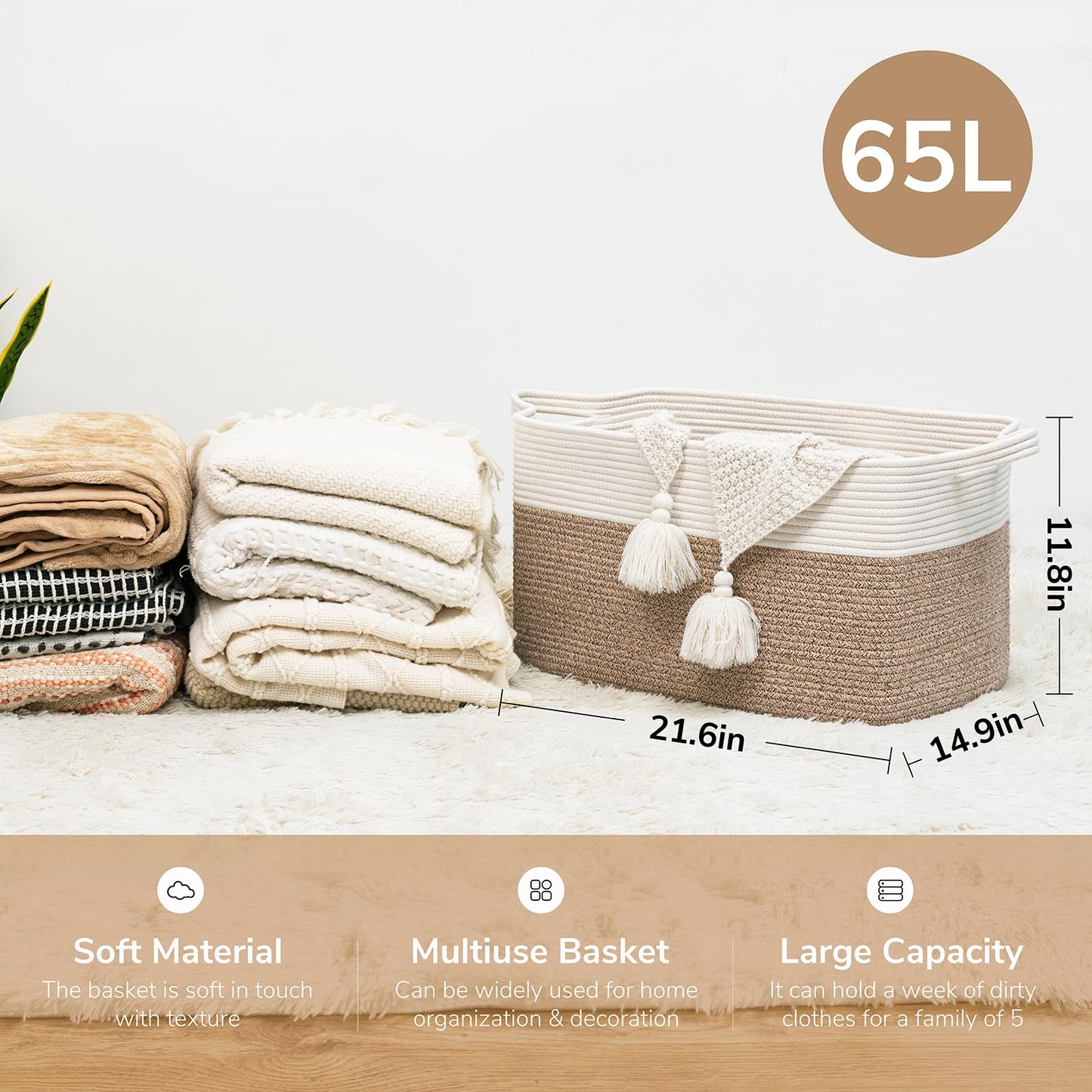 Goodpick Large Storage Basket 21.6" x 14.9" x 11.8", Blanket Baskets for Living Room, Woven Rope Storage Basket for Toys, Towels, Rectangle Laundry Dirty Clothes Baskets for Nursery, Mix Brown