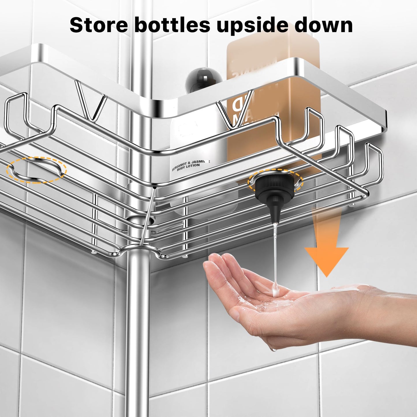 KEGII Corner Shower Caddy Tension Pole, Stainless Steel Bathroom Organizer with Hooks & Soap Holder, Adjustable from 25 to 114.2 inch, 4-Tier Corner Shower Rack for Bathtub Shampoo Storage - Silver