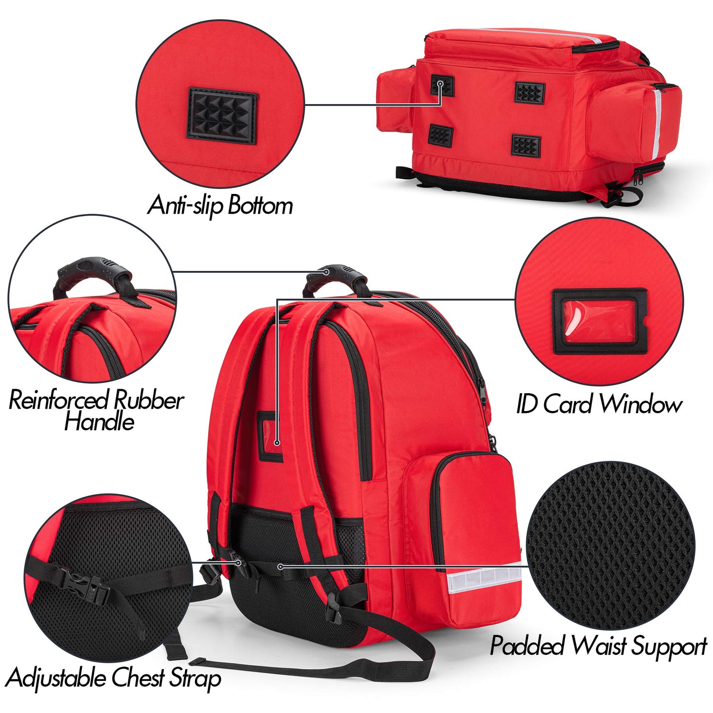 Trunab Large First Responder Bag Trauma Backpack Empty, Emergency Medical Bags Storage Jump Bag Pack for EMT, EMS, Police, Firefighters, Red (Patented Design)