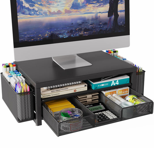2 Tier Monitor Stand Riser with Drawer & 2 Pen Holders Storage for Desktop, Metal Computer Desk Organizer Stand for Laptop, Computer, iMac(Black)
