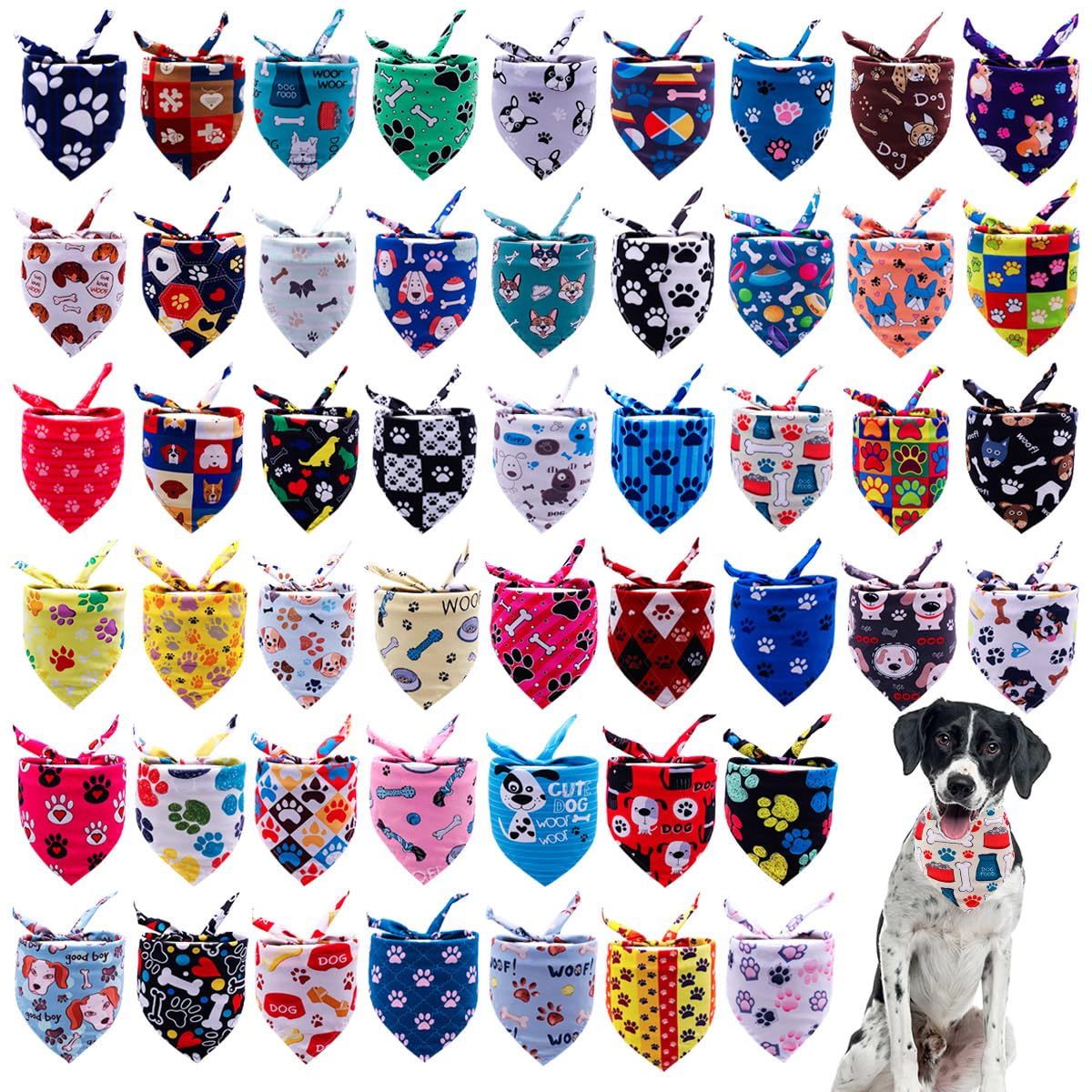 JpGdn 50PCS Big Dog Bandanas Large Breed XL Bulk Paw Bone Print Pet Big Bandanas Kerchief Washable Triangle Bibs Head Scarves Scarfs for Boys and Girls Grooming Costume
