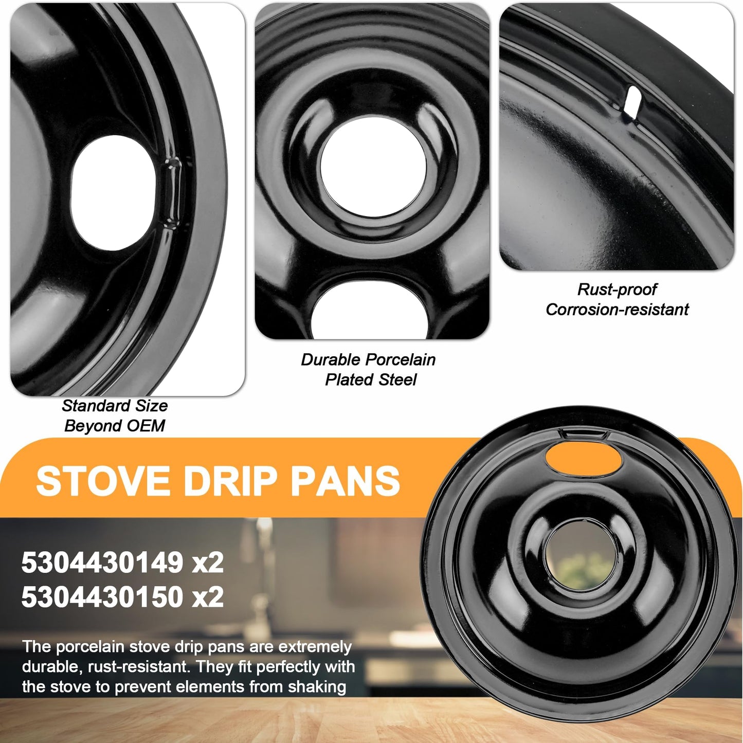5304430149 5304430150 Porcelain Burner Drip Pan Set Fit for Ken-more, Fri-gidaire Stove Replacement 318067041 318067051 Electric Range Cooktop Includes 2 8-Inch and 2 6-Inch Pans