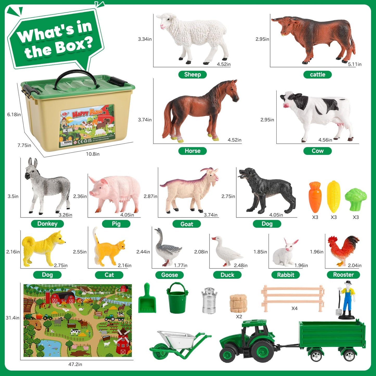 WAIIW Farm Animal Toys for Toddlers,38 PCS Realistic Animal Figurines Toys with 47.2”x31.4”Large Activity Play Mat and Tractor Toy,Farm Playset Educational Learning Toys for Toddlers Kids 3-5