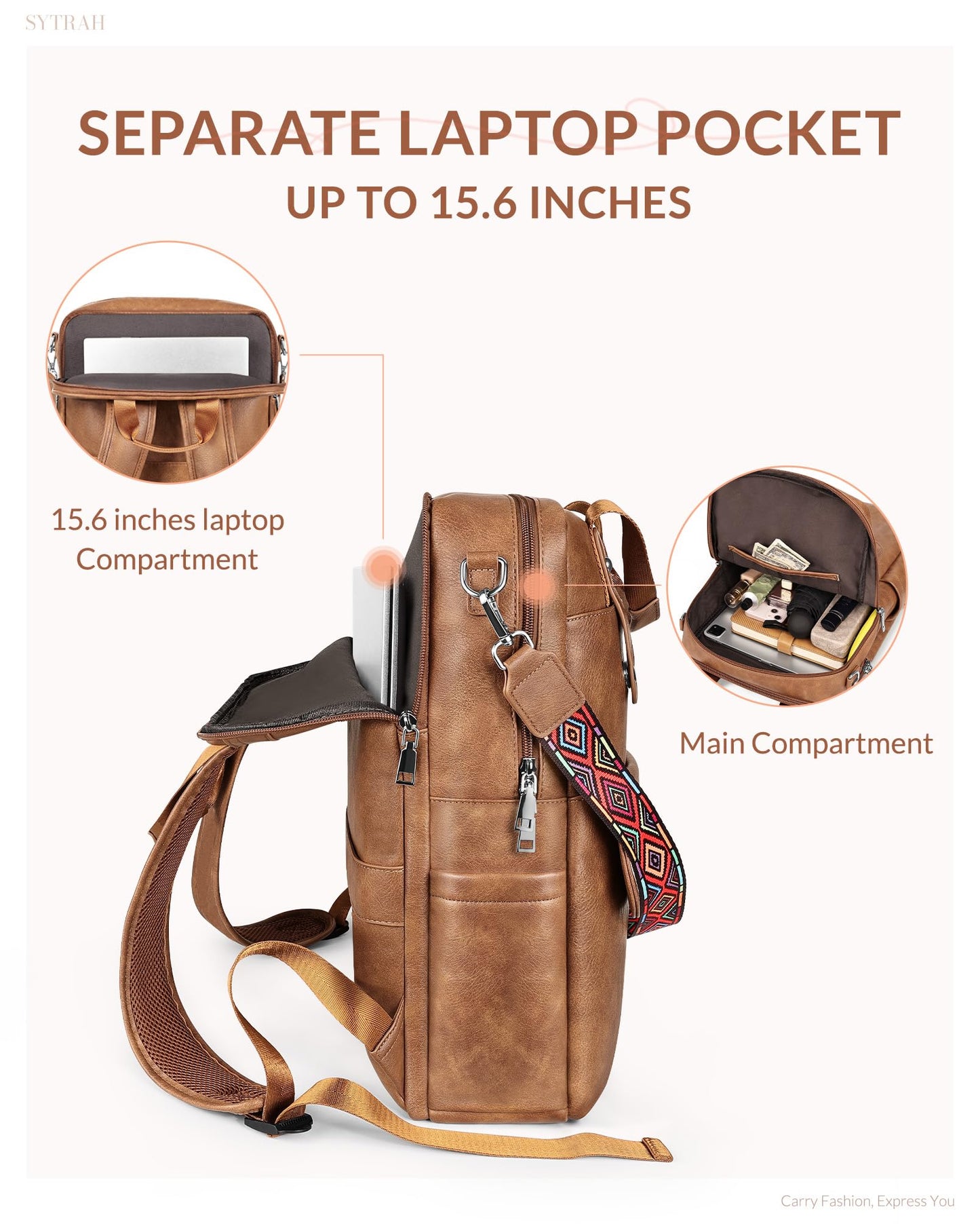 SYTRAH Leather Laptop Backpack 15.6 Inch Womens Laptop Bag, 3 IN 1 Computer Bag Handbag with Colorful Shoulder Bag Strap for Work Travel College Mocha Brown