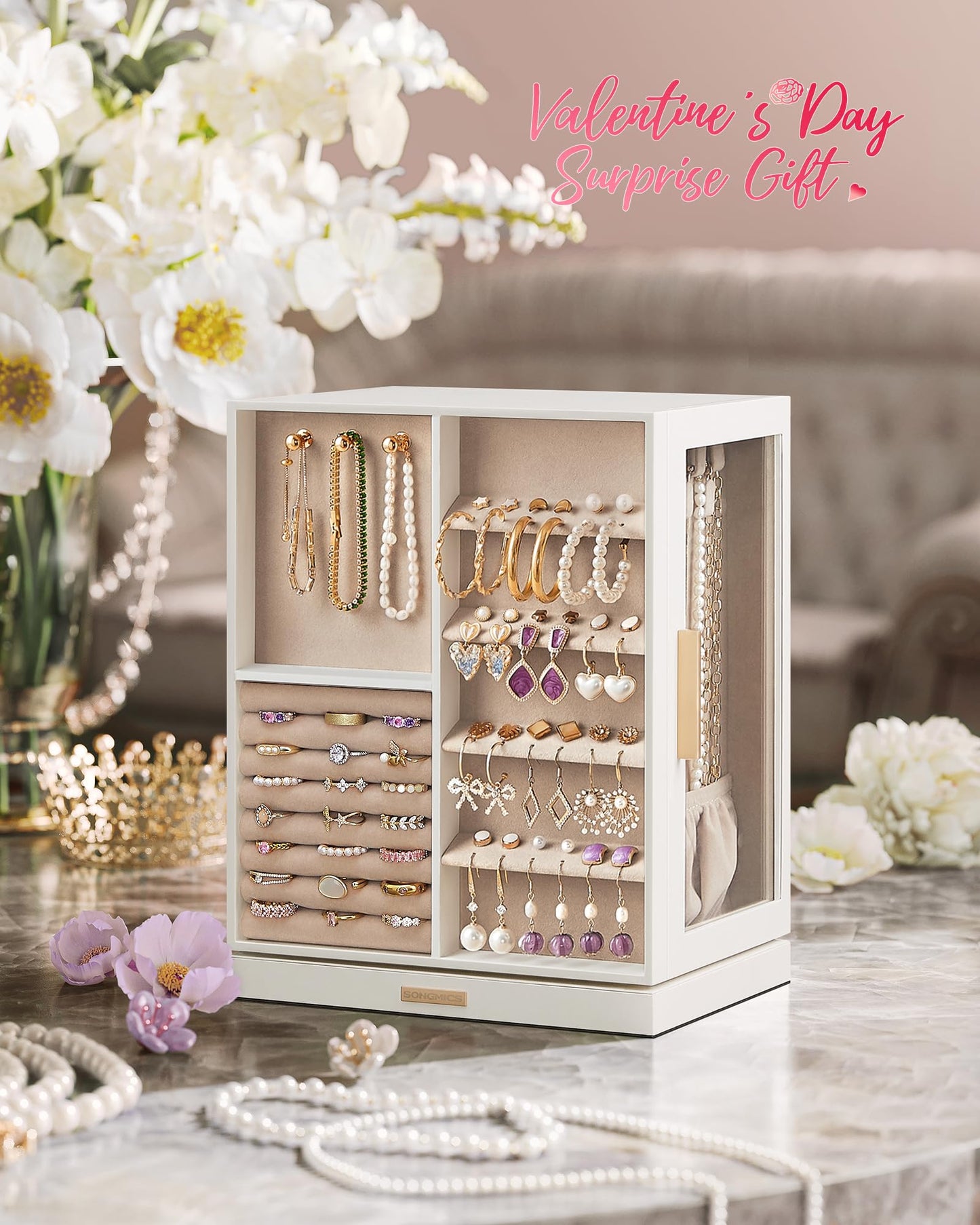 SONGMICS GISELLA Collection - Jewelry Box Organizer 360° Rotating, Large Vertical Jewelry Storage Case with 5 Drawers, Shiny Metal Hardware, Glass Window, Gift Idea, Cloud White UJBC170W01