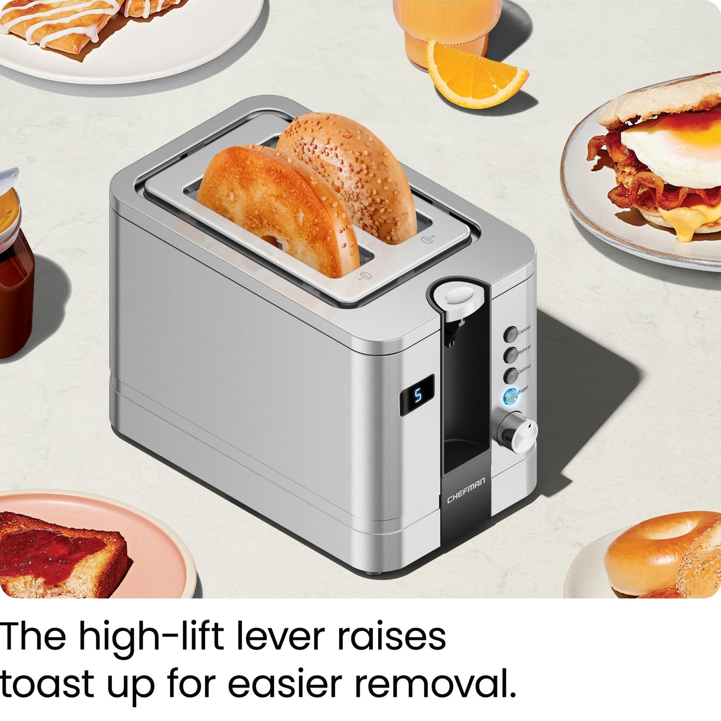 Chefman 2-Slice Digital Toaster, Pop-Up, Stainless Steel, Extra-Wide Slots For Bagels, Defrost, Reheat, Cancel Functions, Removable Crumb Tray, Stainless Steel - Digital