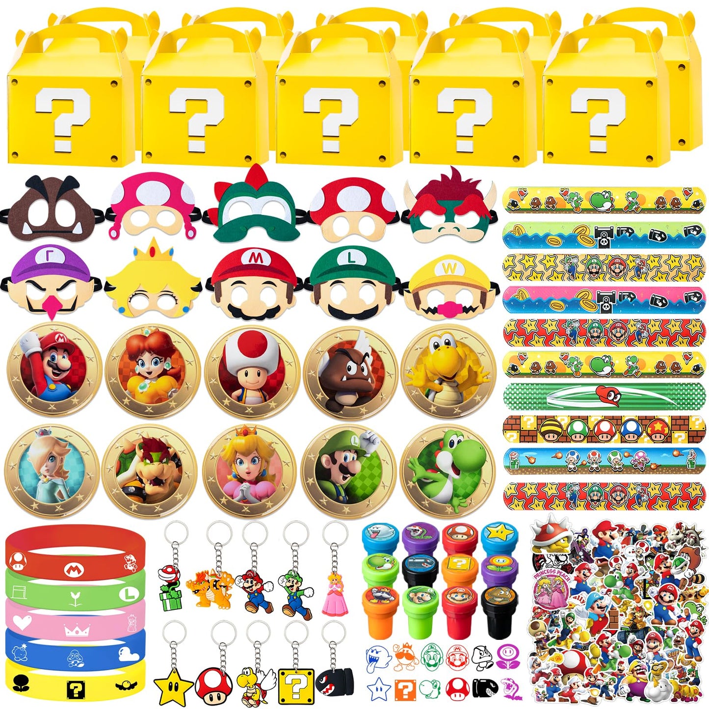 122 Pcs Birthday Party Favors Include 10 Boxes,20 Wristbands, 10Masks,10 Keychains, 12 Stamps,10 Pattern decorations and 50 Stickers for Kids, Best Gift Bag Filler for Themed Party