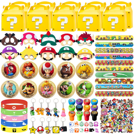 122 Pcs Birthday Party Favors Include 10 Boxes,20 Wristbands, 10Masks,10 Keychains, 12 Stamps,10 Pattern decorations and 50 Stickers for Kids, Best Gift Bag Filler for Themed Party