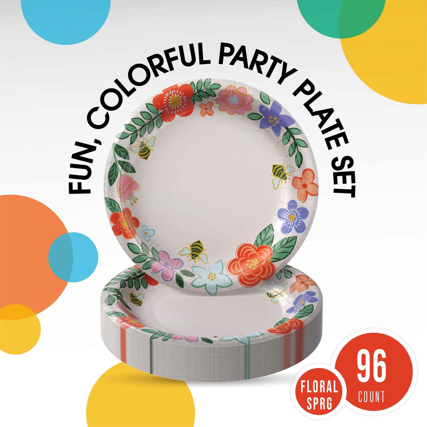 Party Solids Floral Spring Paper Plates Disposable Heavy Duty 8.5 Inch Floral Plates for Party 96 Pcs Heavy Duty 350 GSM, Spring Birthday Supplies