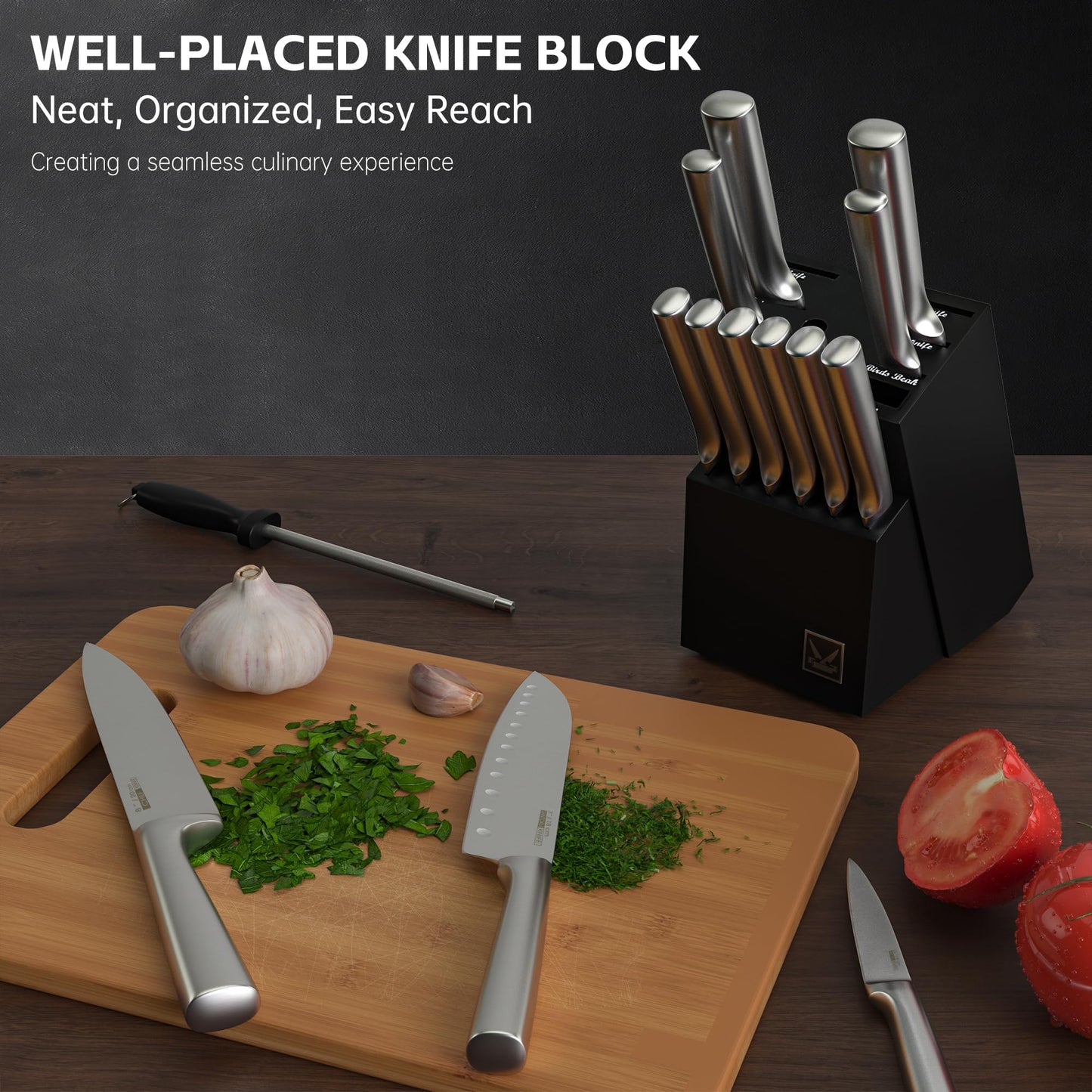 Knife Set, 16 Pieces Kitchen Knife Set with Block, High Carbon German Stainless Steel Knife Block Set with One Piece Design Hollow Handle for Chopping, Slicing, Dicing & Cutting