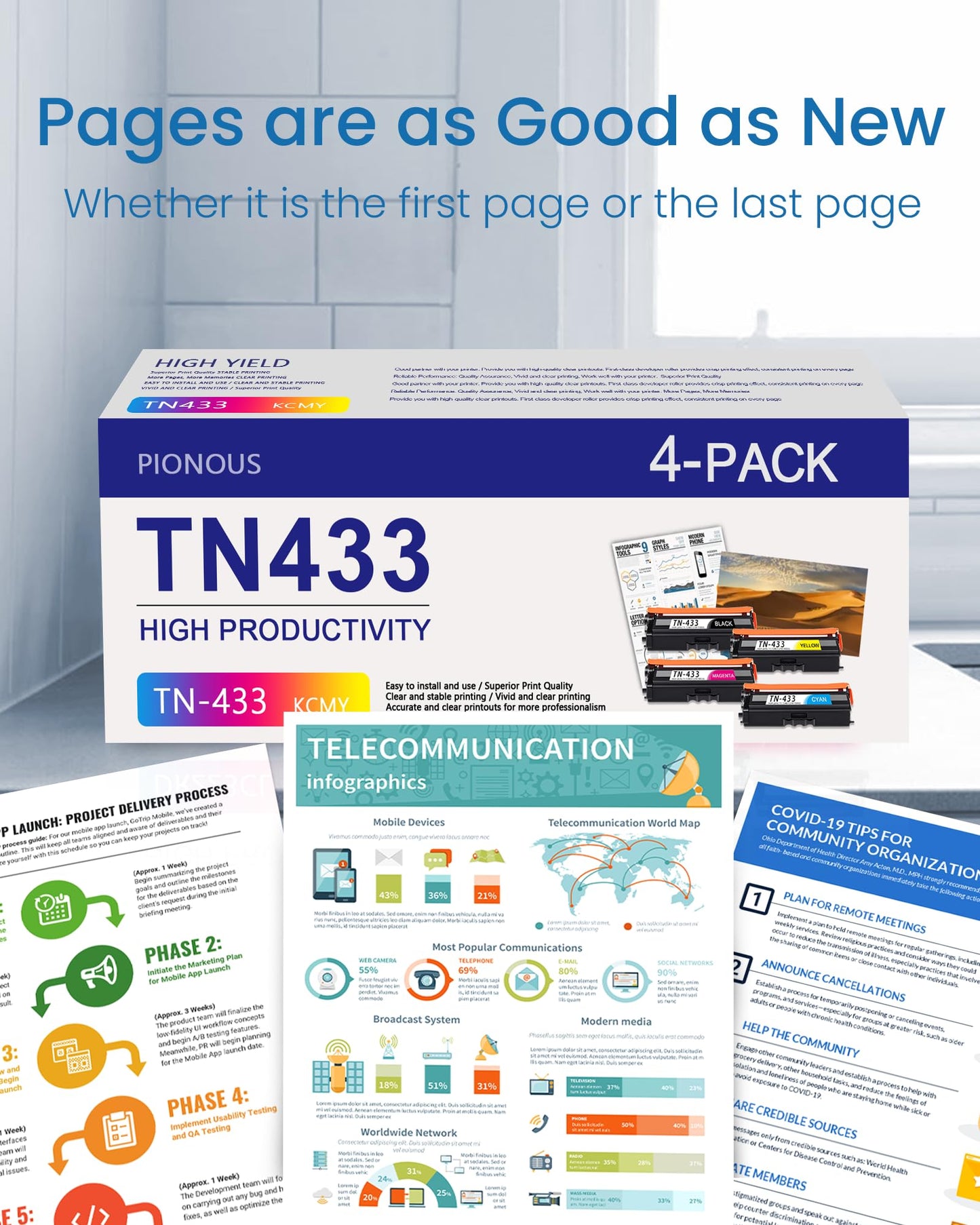TN-433 TN433 Toner Cartridge High Yield Replacement for Brother TN433BK TN433C TN433Y TN433M HL-L8260CDW L8360CDW L9310CDW MFC-L8610CDW L8690CDW L8900CDW L9570CDW Printer Ink (BK/C/M/Y,4PK)