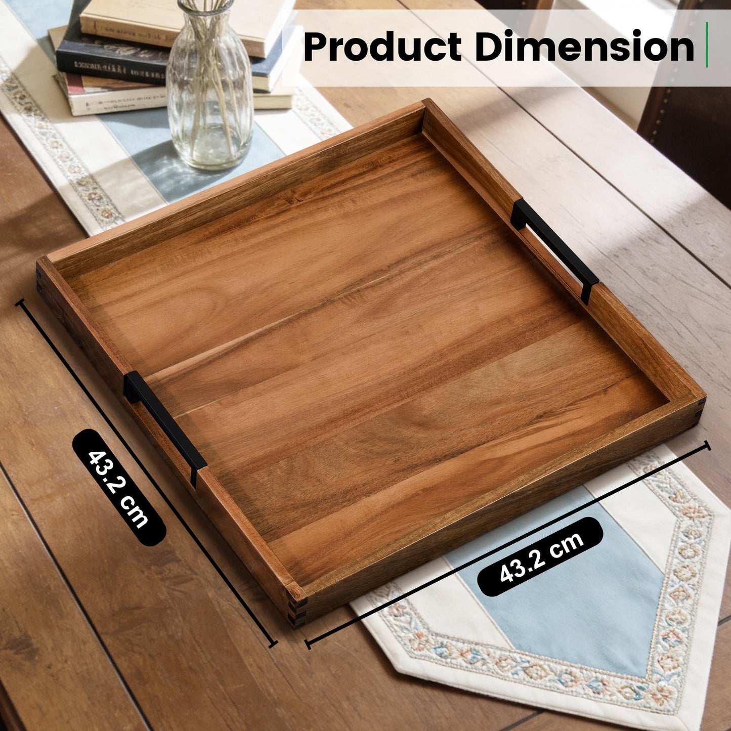 Large Square Ottoman Tray for Living Room and Coffee Table Decorative Acacia Wood Serving Tray with Handles for Breakfast in Bed, Dinner Food TV (Natural, 43.2 x 43.2 x 5 cm)