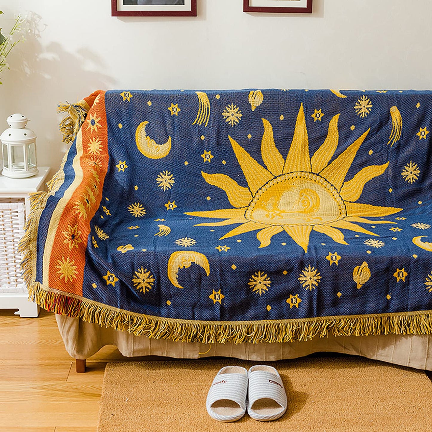 Boho Throw Blanket | Double-Sided Cotton Boho Blanket | Tasseled, Celestial Tapestry | Ideal for Western Decor, Sofa, Bed, Travel | Yellow/Blue, 71"x51"