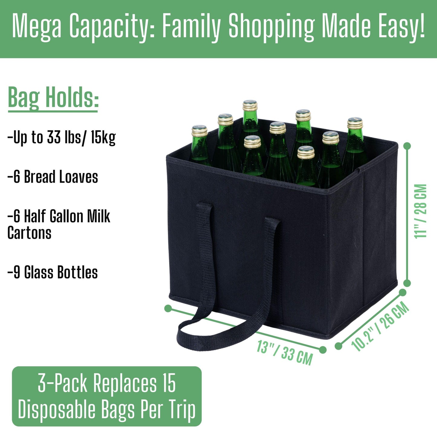 VENO 3-Pack Reusable Grocery Bag, Heavy Duty Shopping Bag, Shopping Cart Organizer, Foldable Grocery Tote Bag with Reinforced Hard Bottom