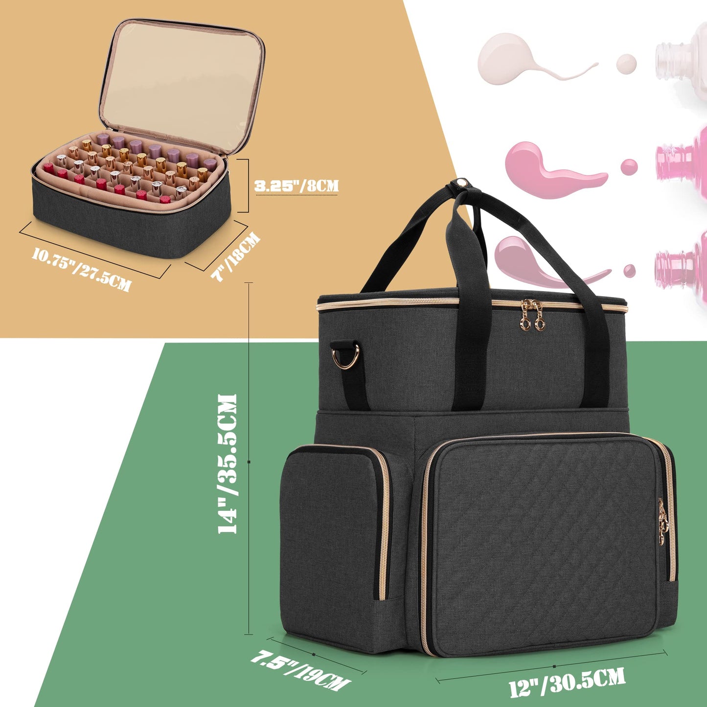 Luxja Nail Polish Organizer Holds 70 Bottles and a Nail Lamp, Nail Polish Case with 2 Removable Bags and Tools Storage Pockets (Patented Design), Black