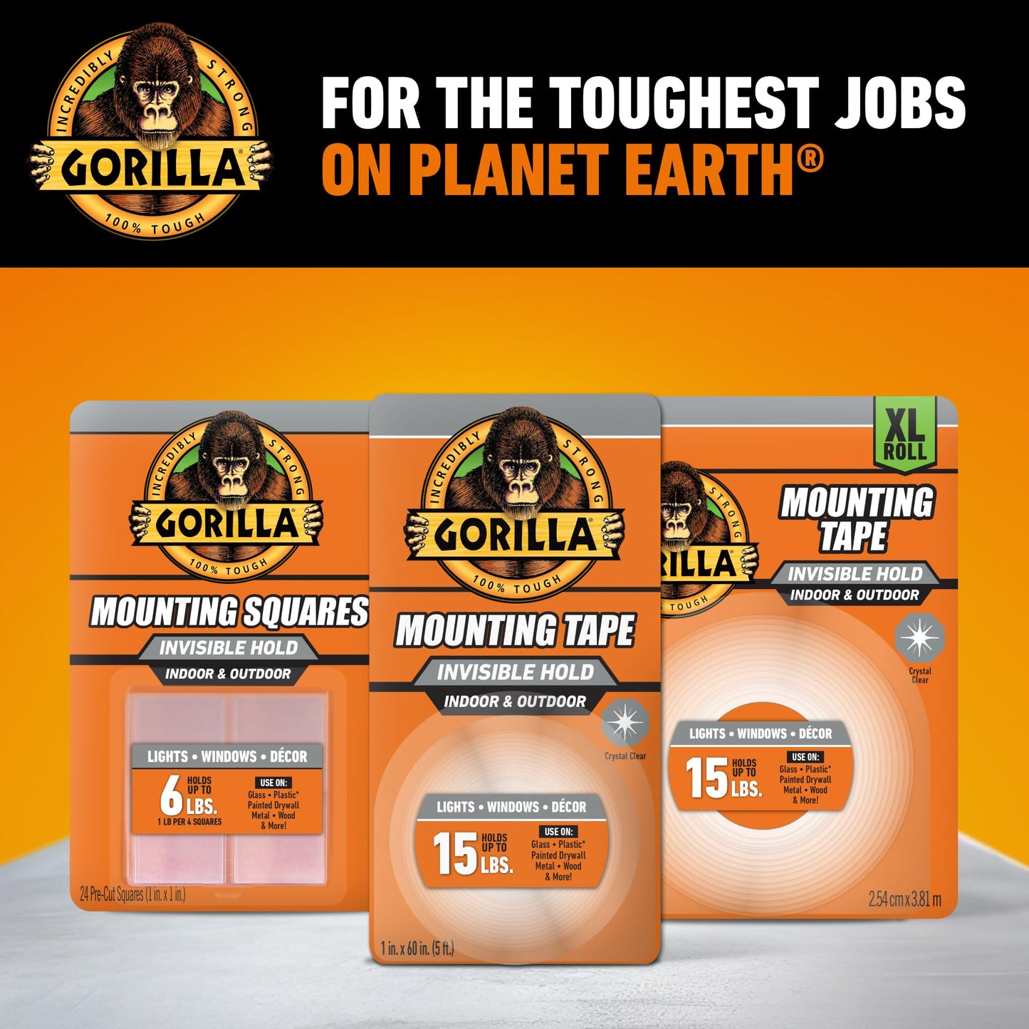 Gorilla Tough & Clear Double Sided Mounting Tape, Hanging, Instant 15lb Strong Hold, Permanent Bond, Weatherproof, 1 in x 60 in, Clear, (Pack of 2), (Packaging May Vary)