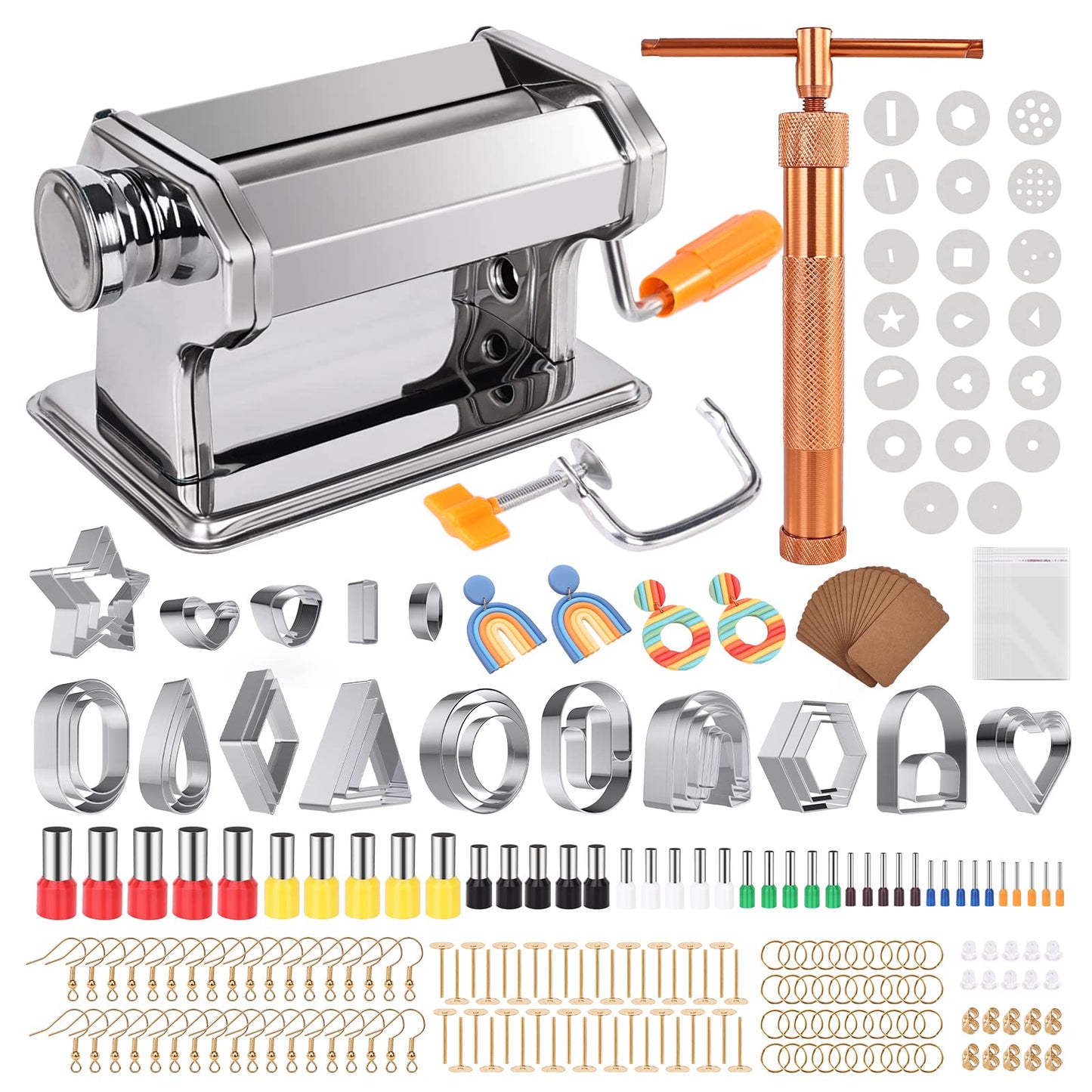 Yofuly Polymer Clay Press Machine and Cutters Set for Jewelry Making - With Roller Machine, Extruder, 40 Circle Shape Cutters and 120 Earrings Accessories