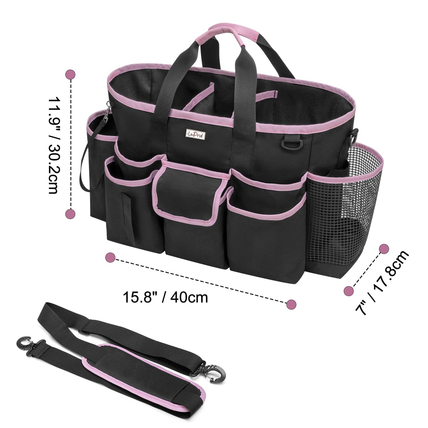 LoDird Cleaning Caddy Bag with 3 Compartments and Multifunctional Pockets, Cleaning Supplies Organizer for Cleaning Work with Handle and Shoulder Strap, Grey